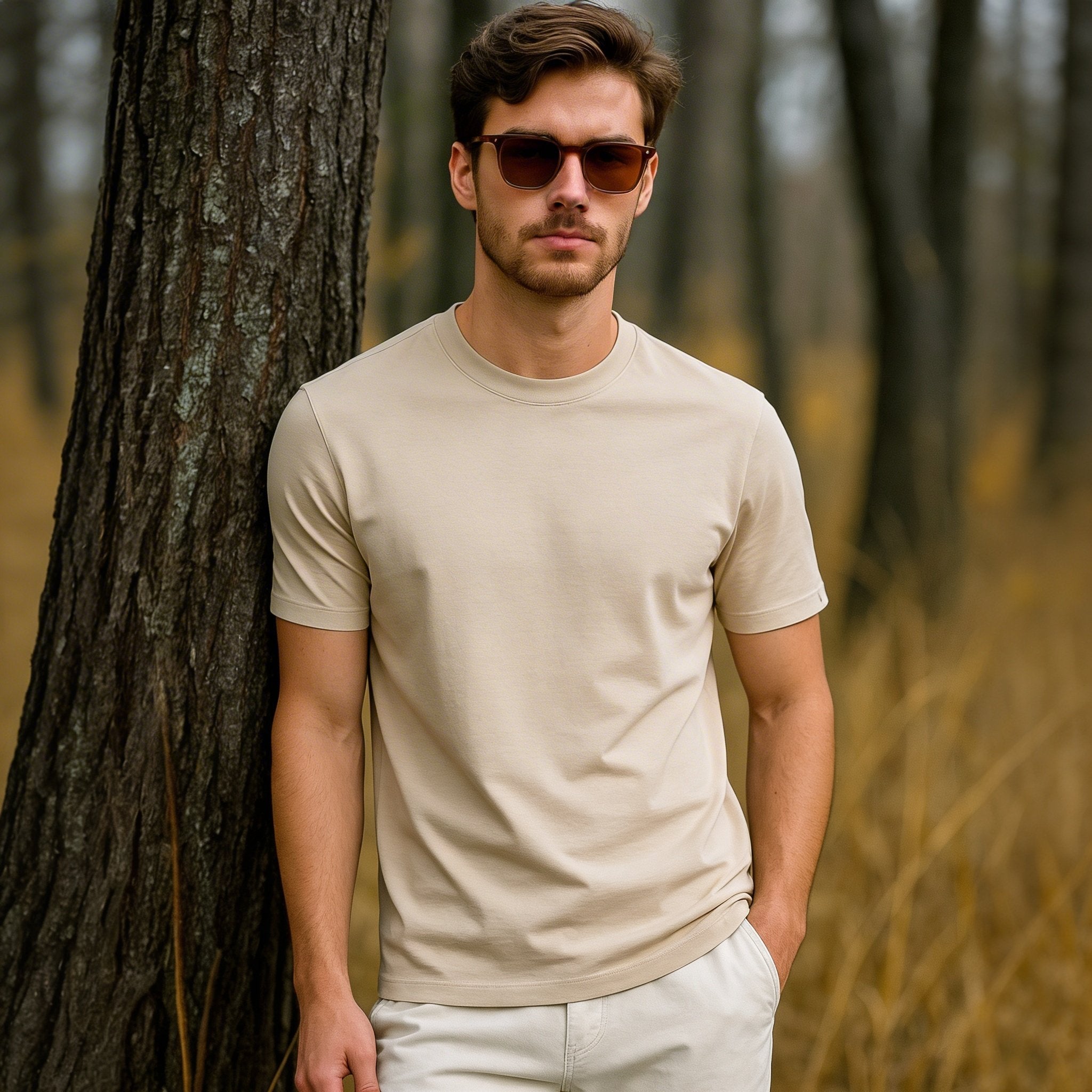 Beige Plain Round Neck Tshirt - Teestra