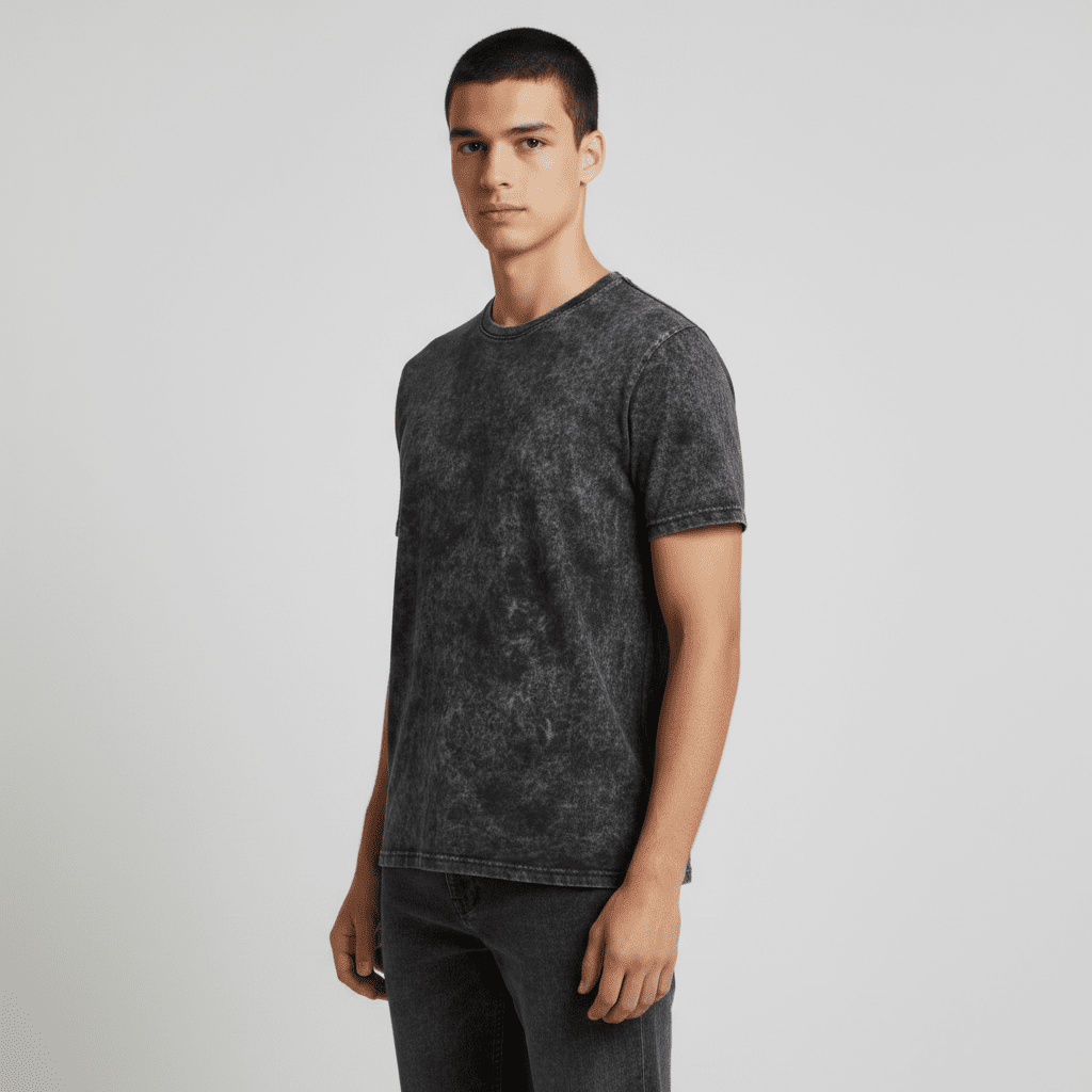 Black Acid Wash Round Neck Tshirt - Teestra